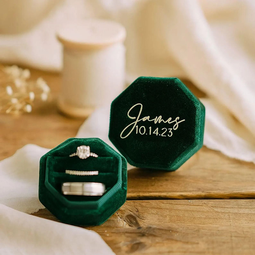 Velvet Jewelry Box - Kişiselleştirilmiş Kadife Alyans Kutusu Üç Bölmeli